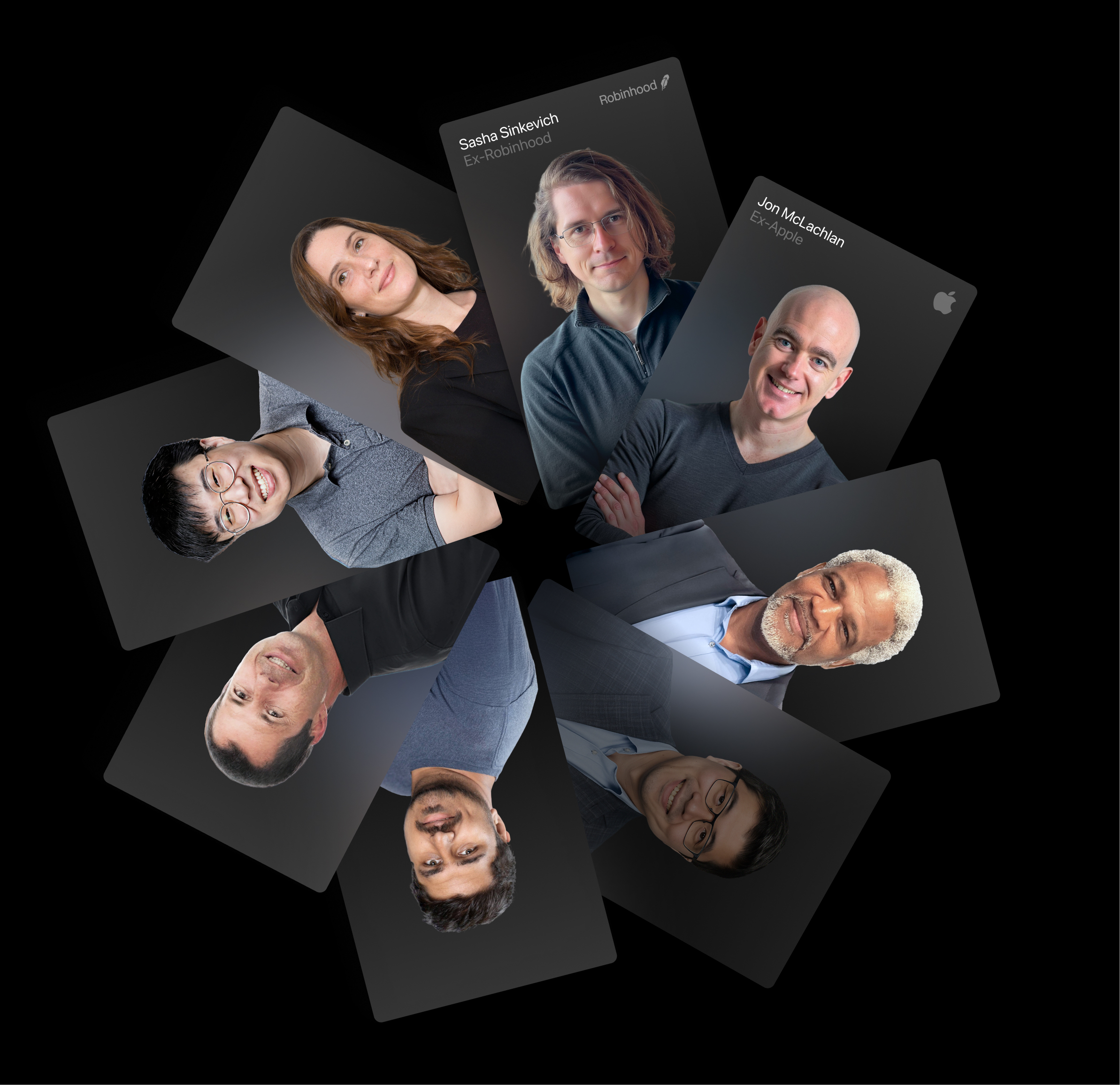 Eight digitally created portrait cards of diverse professionals arranged in a circular fan shape on a black background.