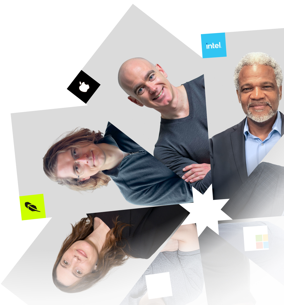 Collage of six diverse professionals arranged in a star pattern with logos of Apple, Intel, Robinhood, and Microsoft around them.